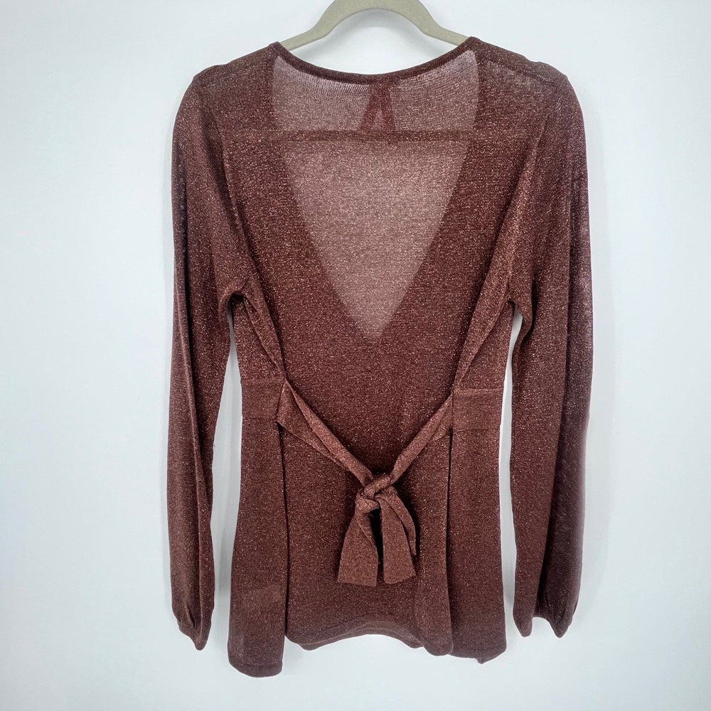 Y2K Derek Heart Plus Wrap Top Womens 1X Brown Metallic Empire Waist Bubble Slv - Picture 3 of 10